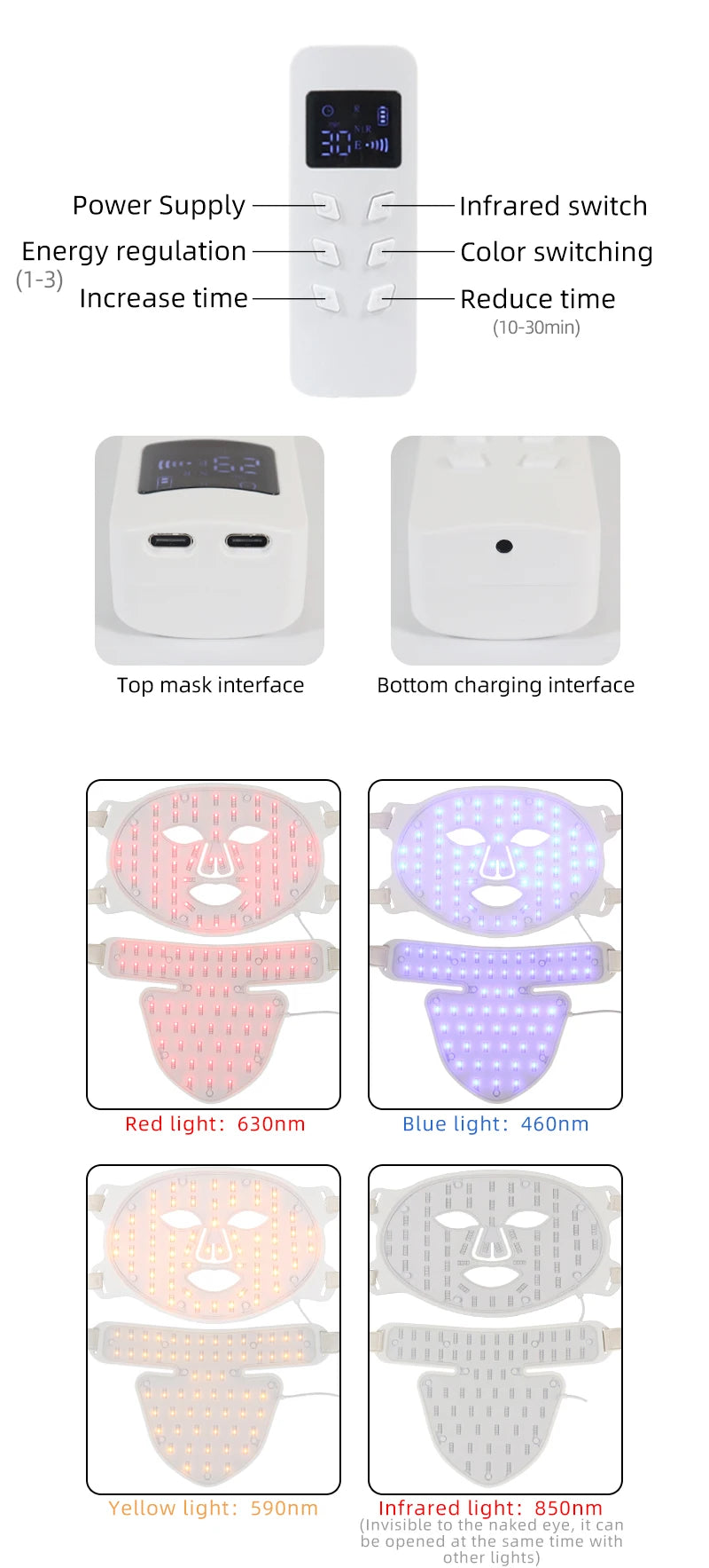 Silicone LED Mask Face With Neck 4 Colors LED Photon Red Light Infrared Therapy Flexible Facial Mask Repair Skin Wireless Use