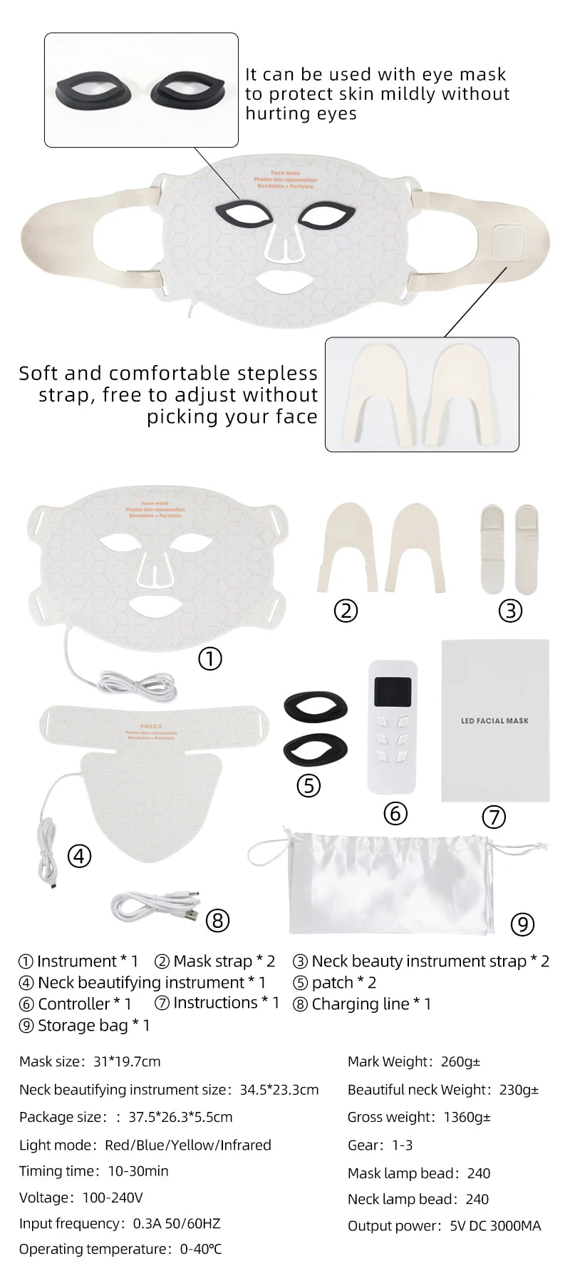 Silicone LED Mask Face With Neck 4 Colors LED Photon Red Light Infrared Therapy Flexible Facial Mask Repair Skin Wireless Use