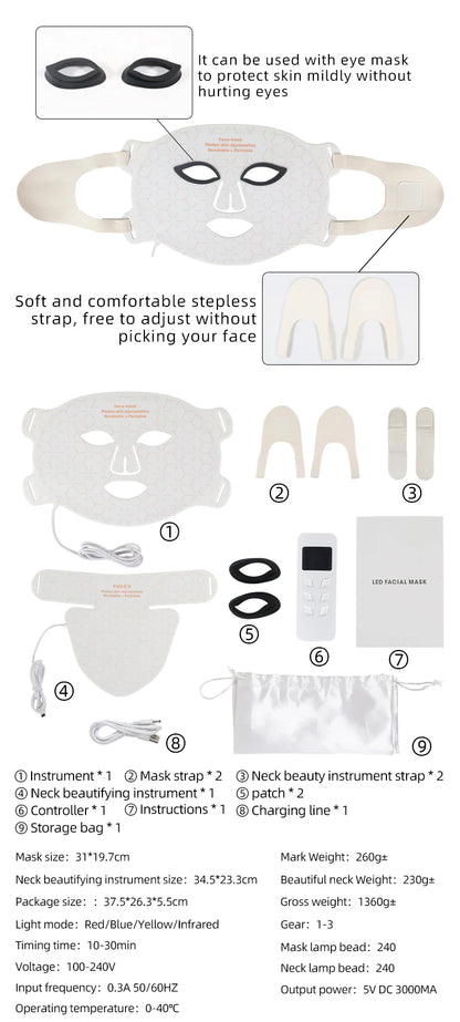 Silicone LED Mask Face With Neck 4 Colors LED Photon Red Light Infrared Therapy Flexible Facial Mask Repair Skin Wireless Use