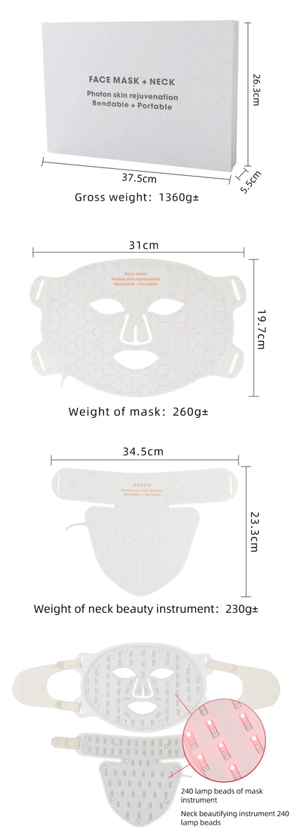 Silicone LED Mask Face With Neck 4 Colors LED Photon Red Light Infrared Therapy Flexible Facial Mask Repair Skin Wireless Use