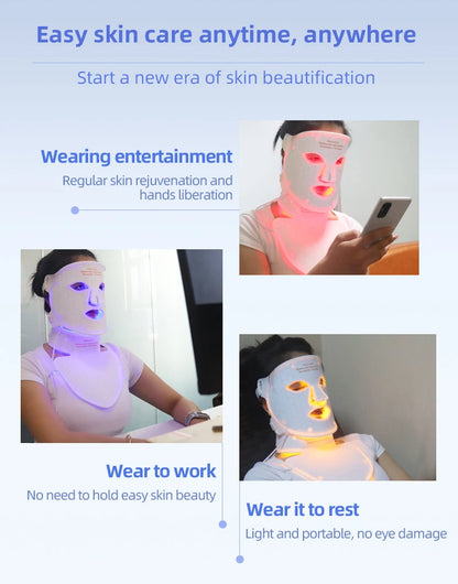 Silicone LED Mask Face With Neck 4 Colors LED Photon Red Light Infrared Therapy Flexible Facial Mask Repair Skin Wireless Use