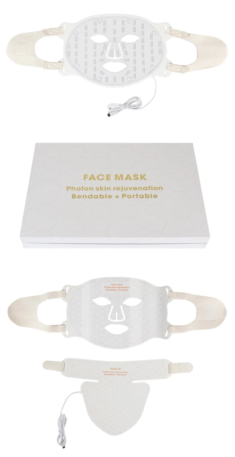 Silicone LED Mask Face With Neck 4 Colors LED Photon Red Light Infrared Therapy Flexible Facial Mask Repair Skin Wireless Use