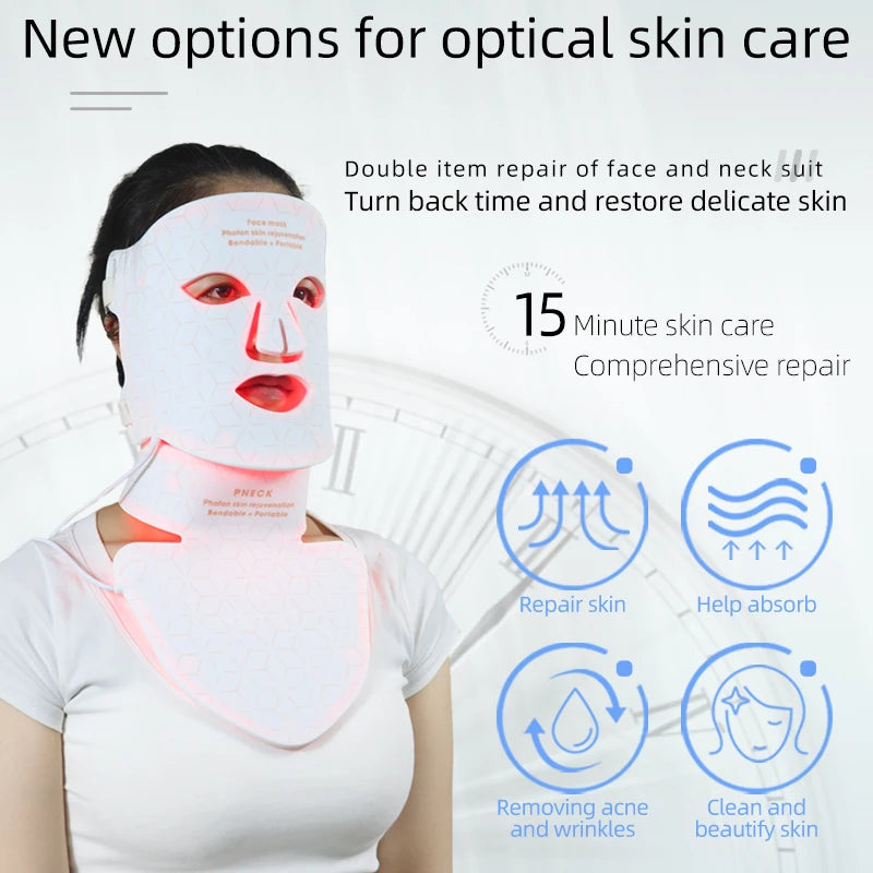 Silicone LED Mask Face With Neck 4 Colors LED Photon Red Light Infrared Therapy Flexible Facial Mask Repair Skin Wireless Use