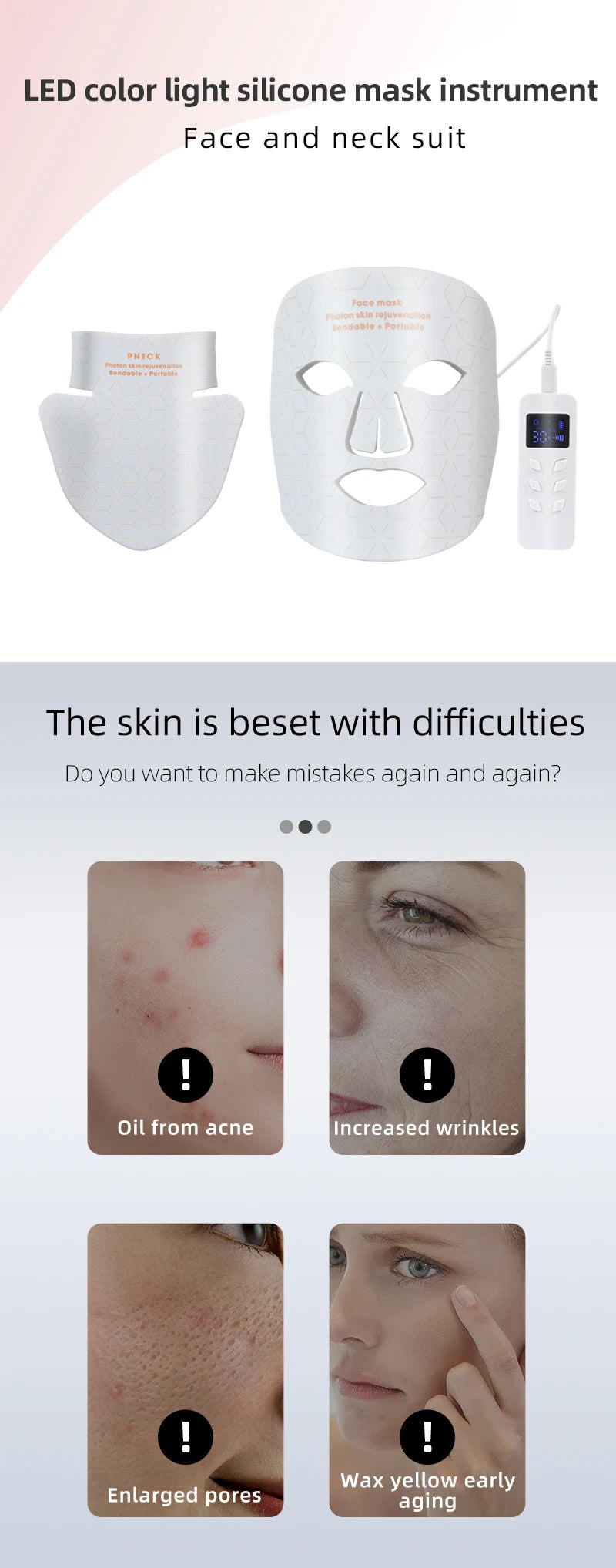 Silicone LED Mask Face With Neck 4 Colors LED Photon Red Light Infrared Therapy Flexible Facial Mask Repair Skin Wireless Use
