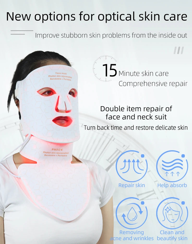 Silicone LED Mask Face With Neck 4 Colors LED Photon Red Light Infrared Therapy Flexible Facial Mask Repair Skin Wireless Use