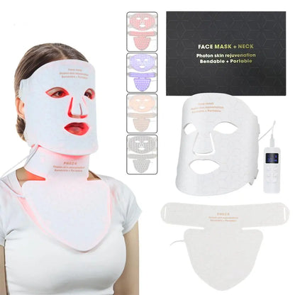 Silicone LED Mask Face With Neck 4 Colors LED Photon Red Light Infrared Therapy Flexible Facial Mask Repair Skin Wireless Use